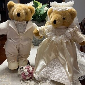 Wedding Teddy Bear Couple in Cream Outfits. Bride. Groom.